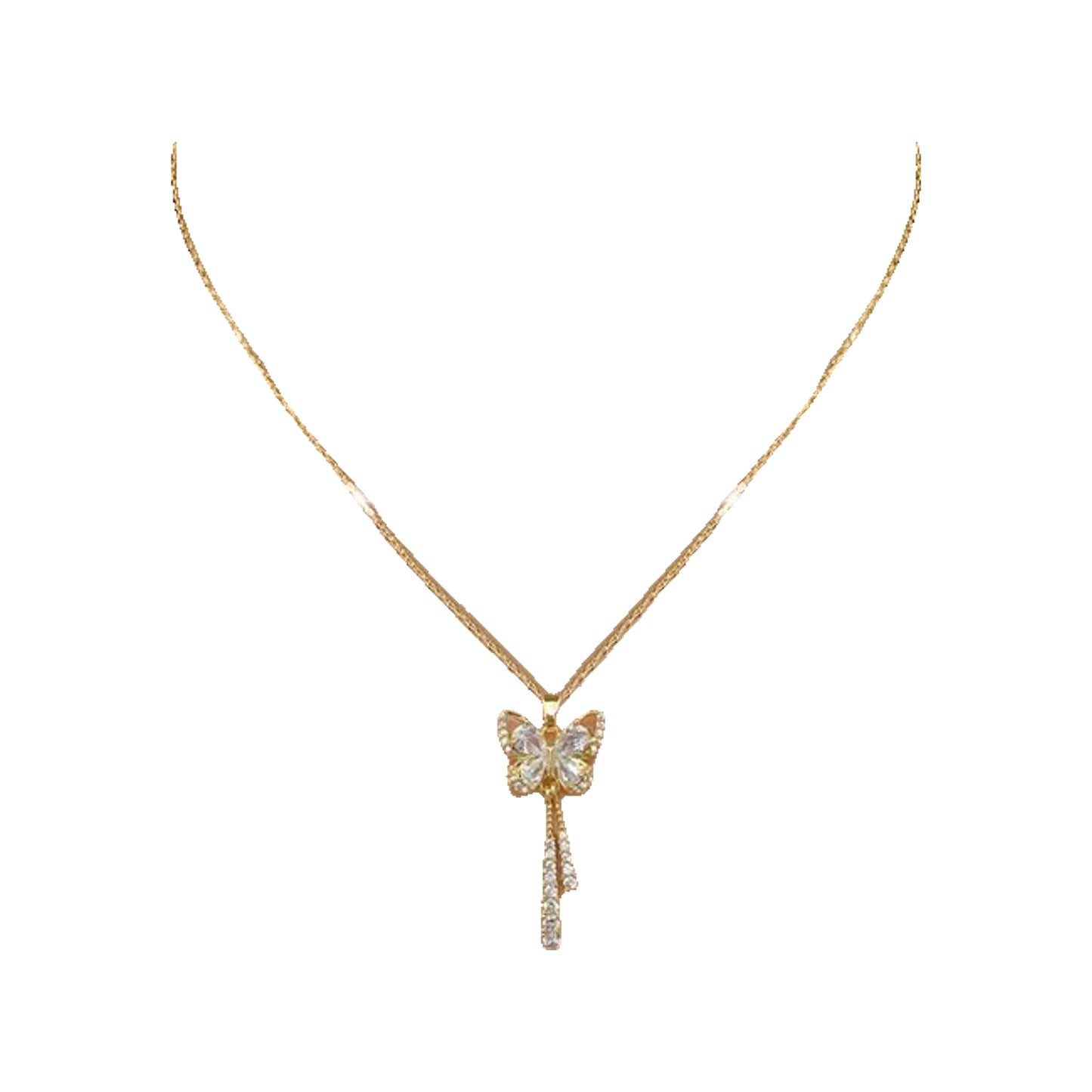 Gold-tone butterfly pendant with dangling accents worn at the collarbone