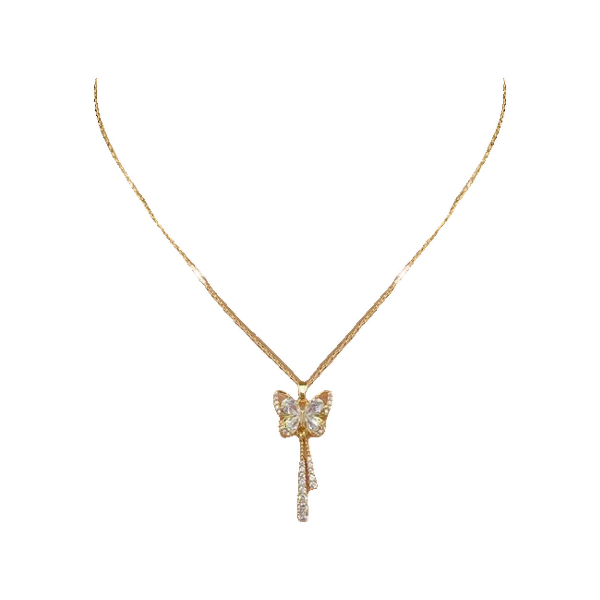 Gold-tone butterfly pendant with dangling accents worn at the collarbone