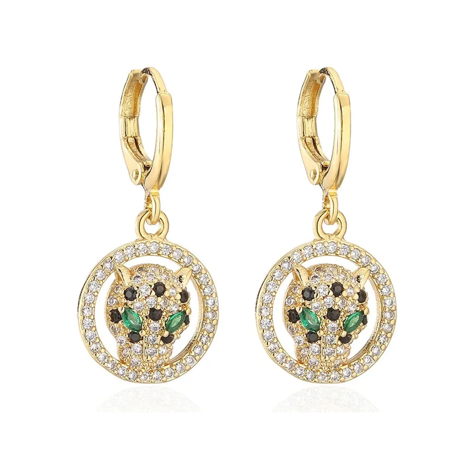 Gold-tone leopard head drop earrings set inside crystal-studded round frames on white background