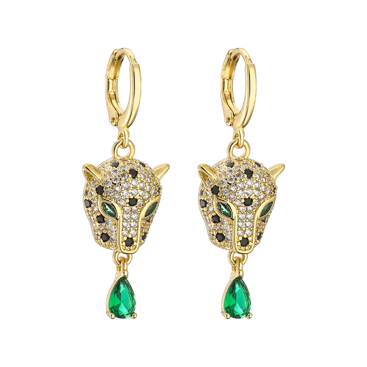 Gold-tone leopard head huggie earrings with emerald-green teardrop pendants on a white backdrop