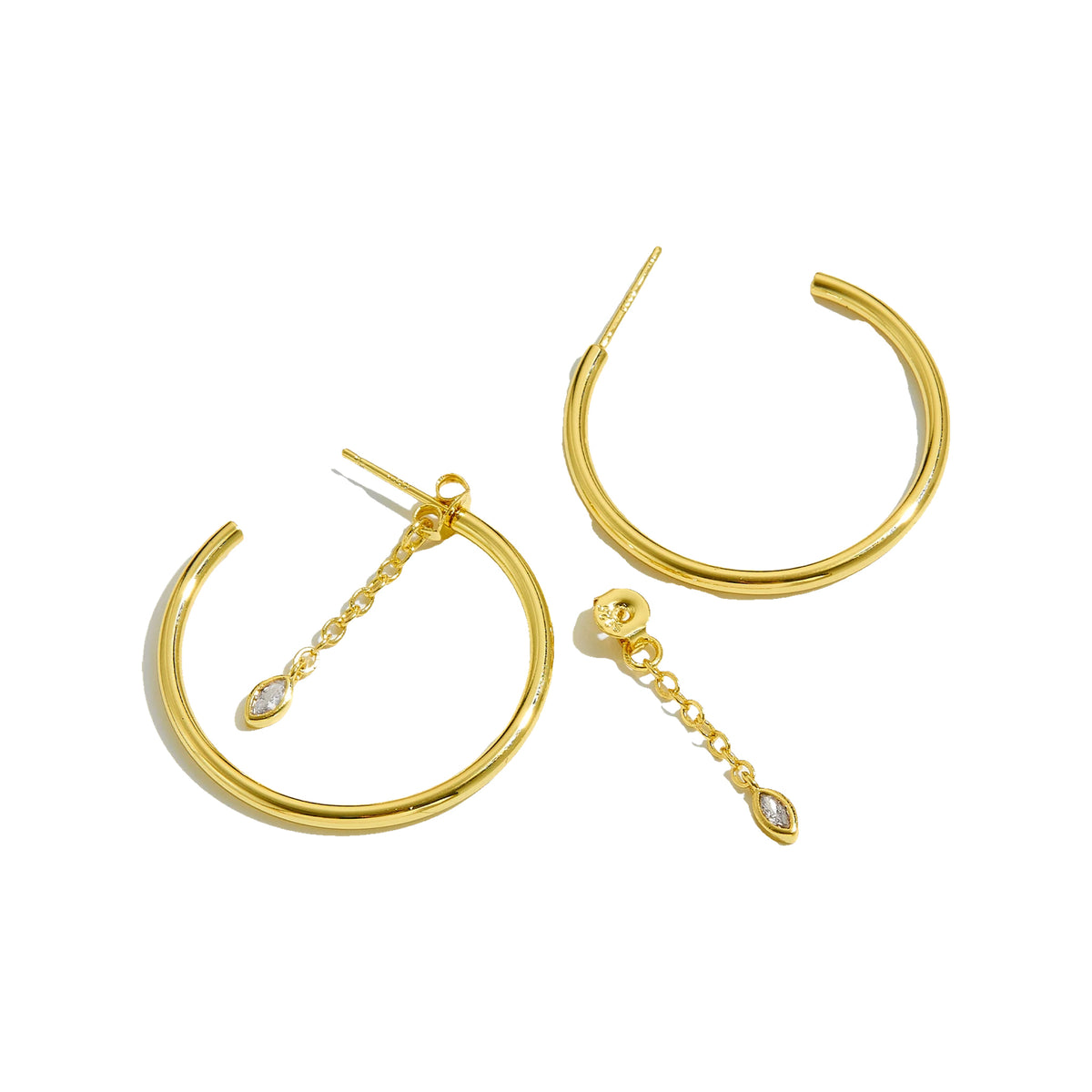 Gold-tone 25 mm hoops with one marquise chain removed and shown beside them
