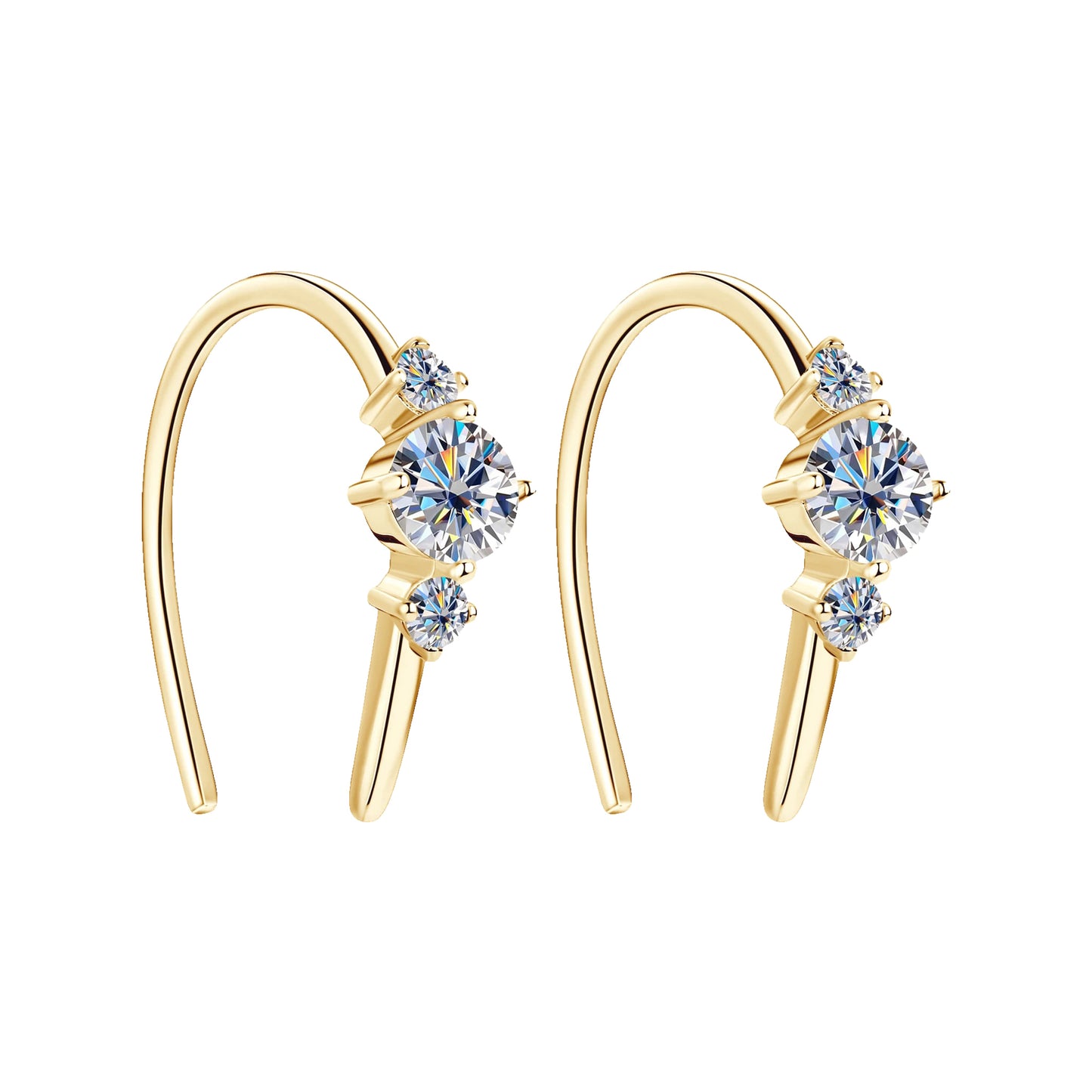 Three-stone U-hoop earrings in gold-tone shown as a matching pair