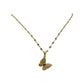 gold-tone butterfly pendant necklace worn at the collarbone on a display bust