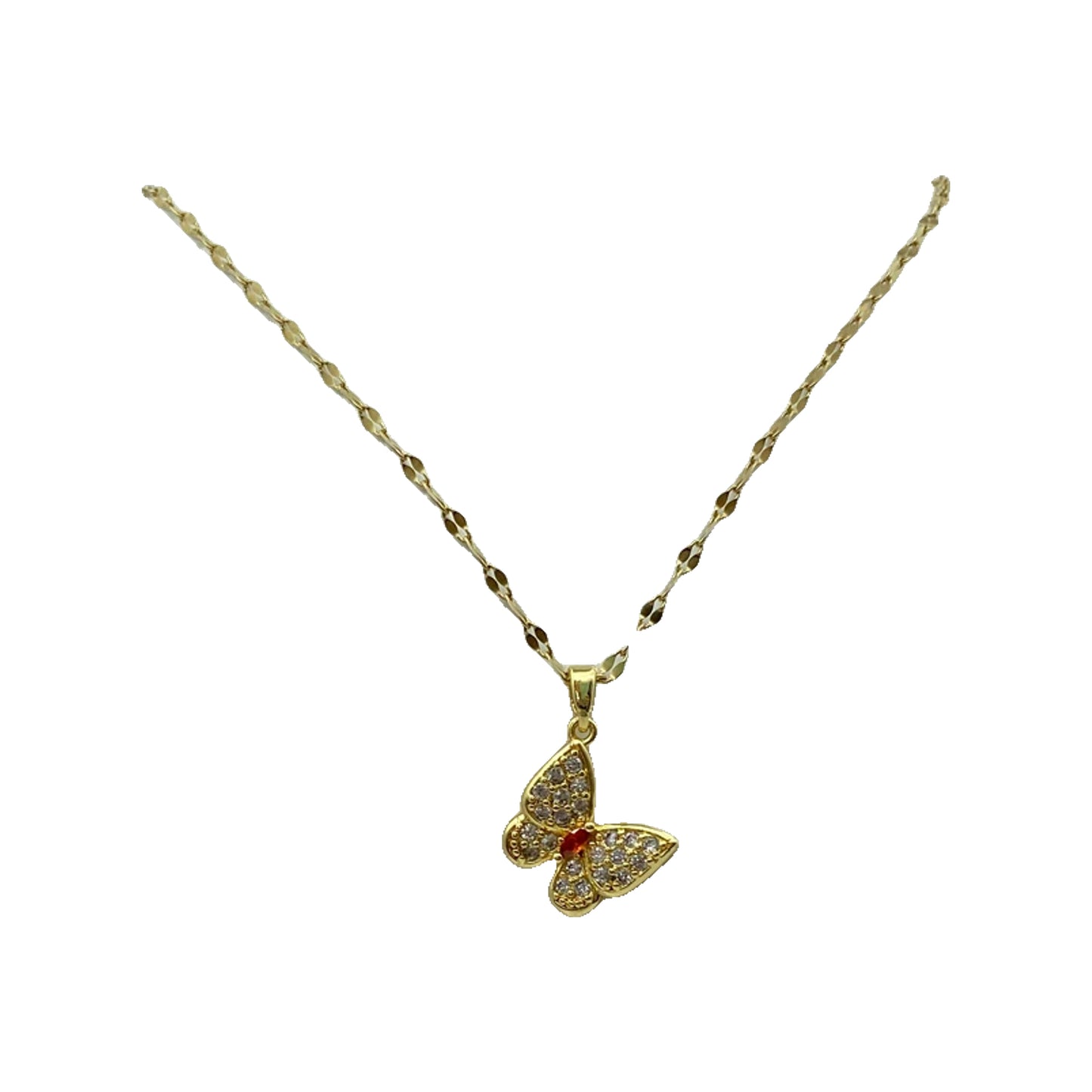 gold-tone butterfly pendant necklace worn at the collarbone on a display bust