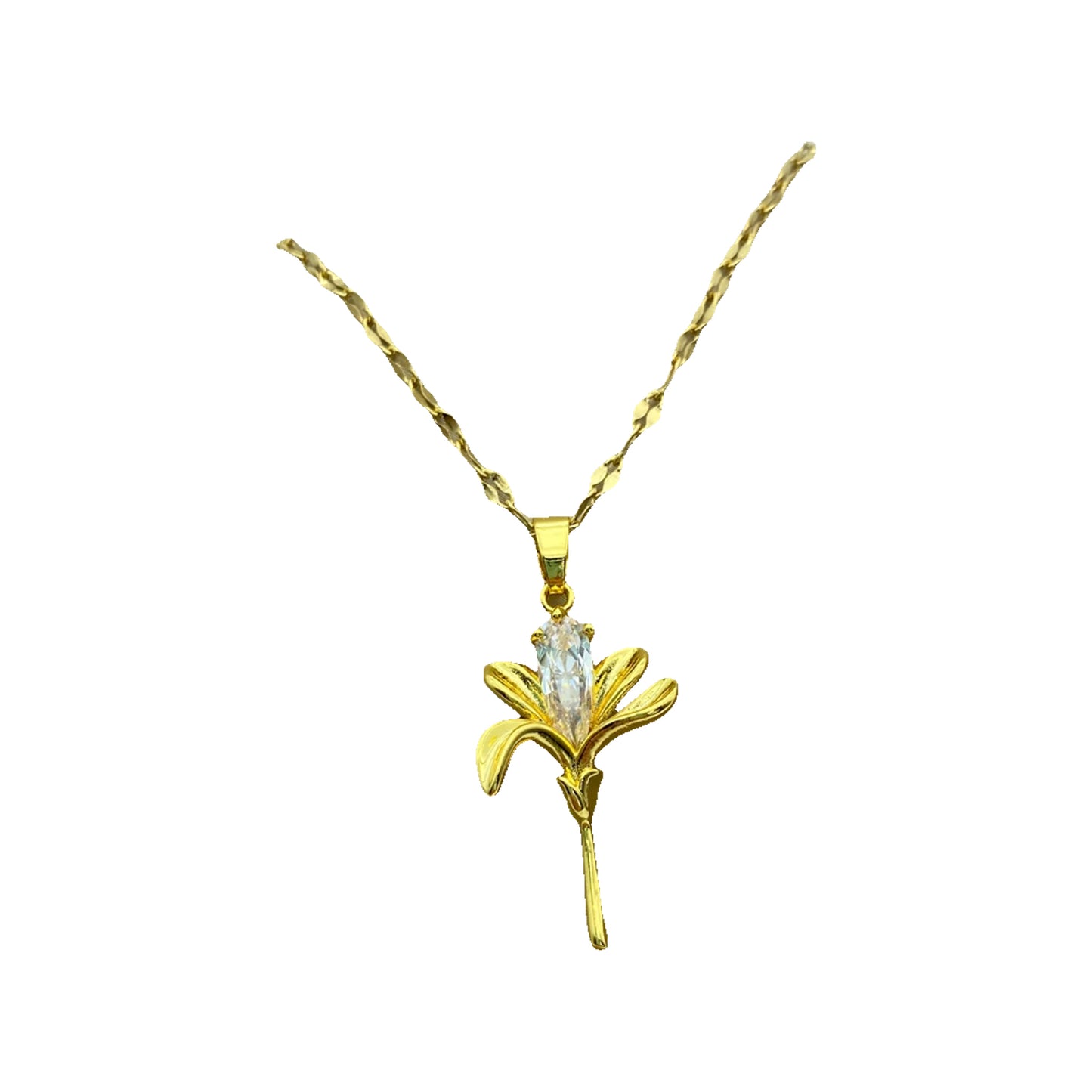 gold-tone floral pendant necklace with elongated petals and central clear stone