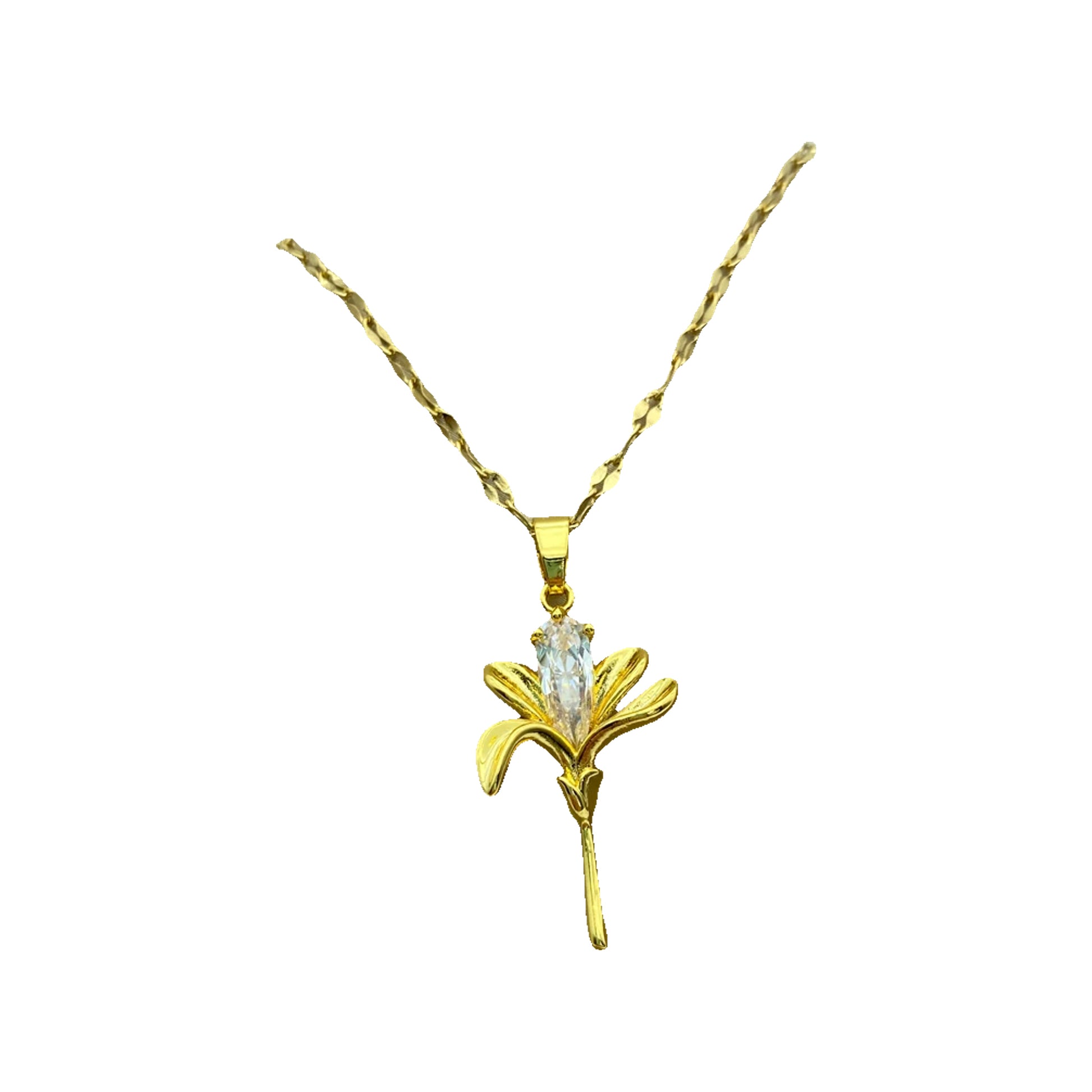 gold-tone floral pendant necklace with elongated petals and central clear stone