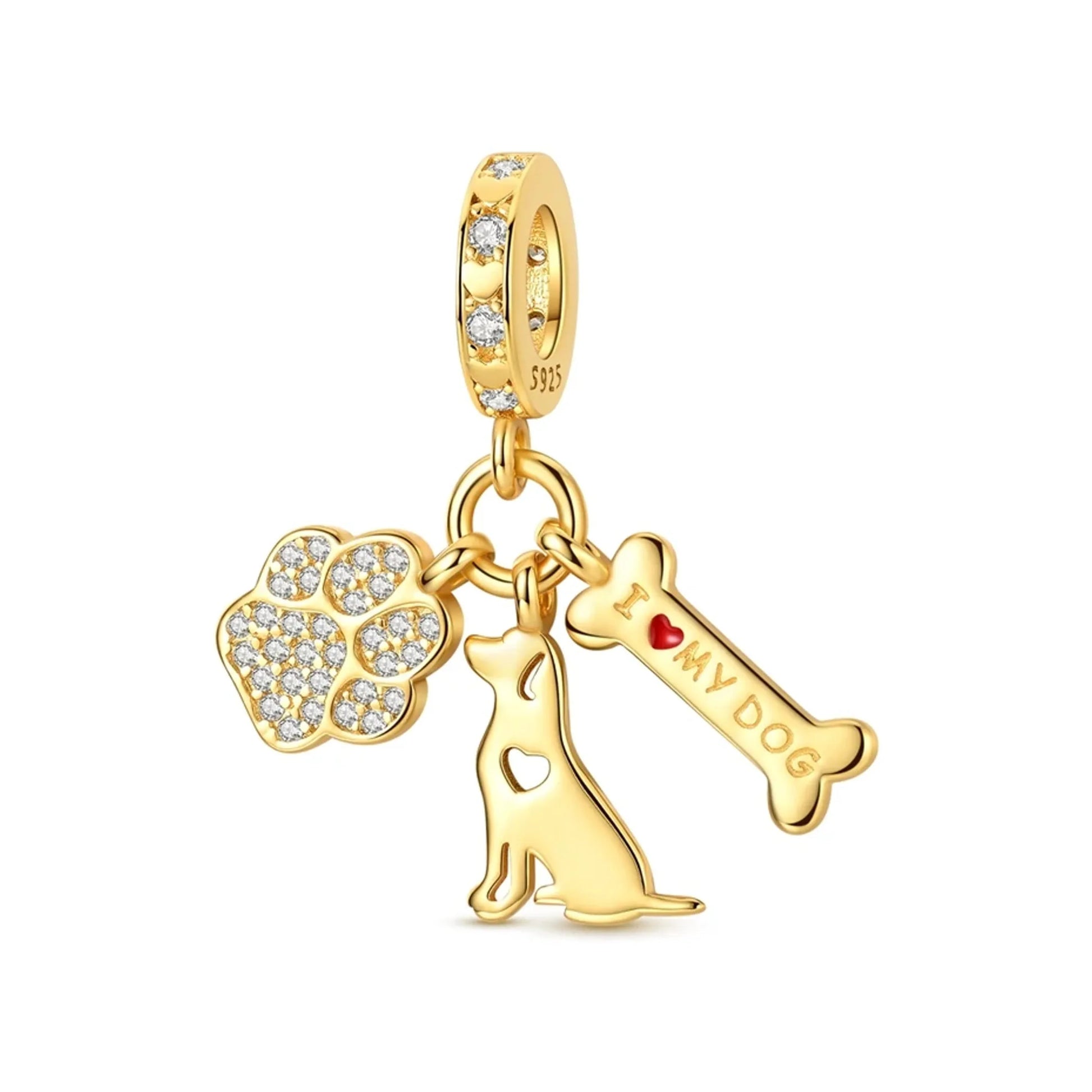 gold-tone dog trio charm with pavé paw, dog silhouette and bone tag