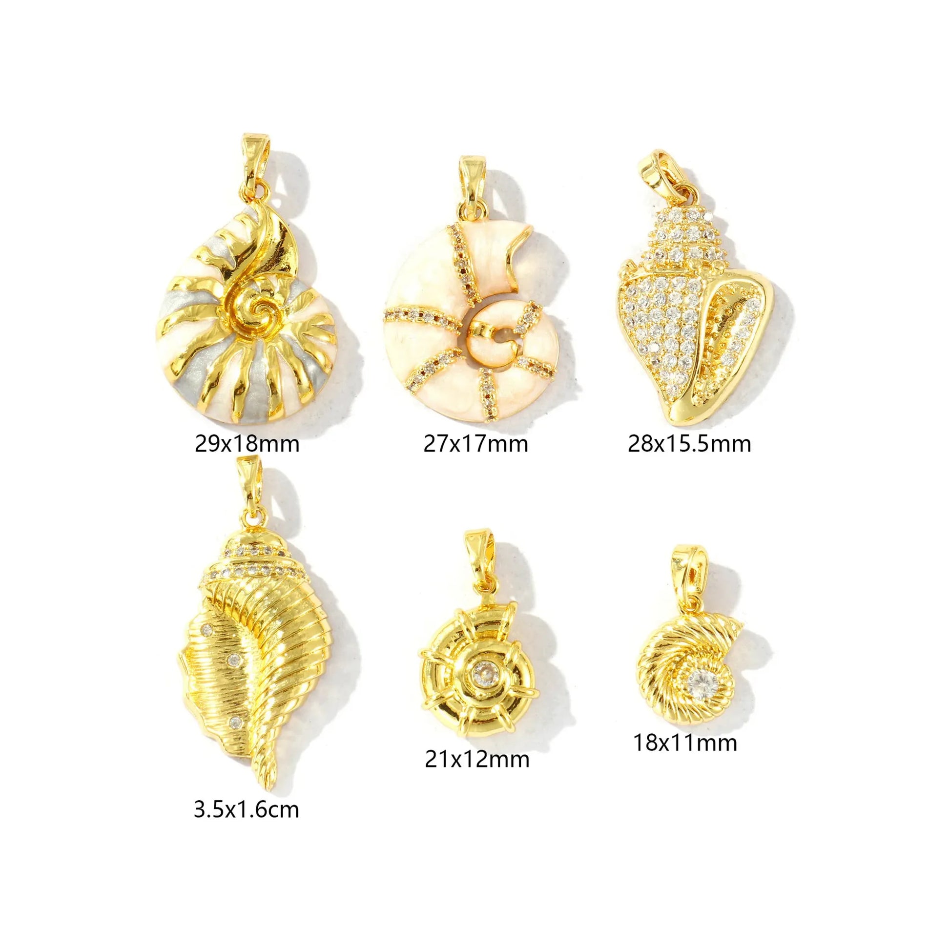Assorted gold-tone shell charms shown in a size comparison layout on white