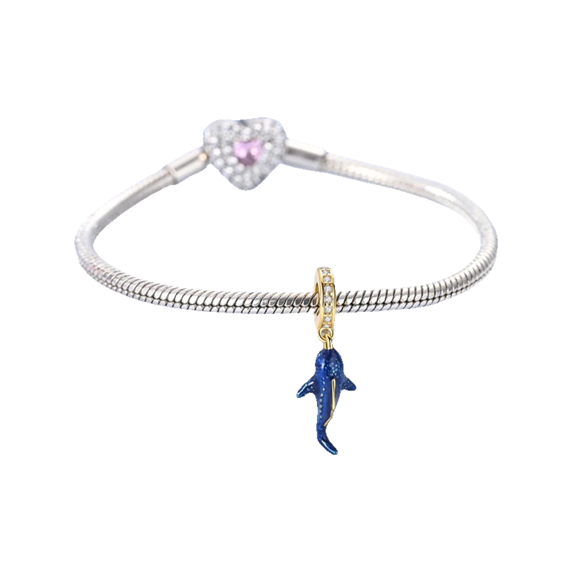 Whale shark dangle charm with blue enamel and gold-tone pavé bail worn on a silver-tone snake bracelet