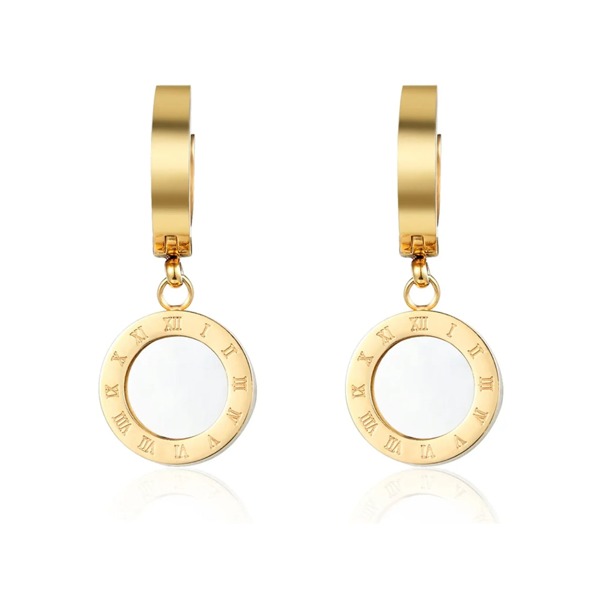 Gold-tone hoop drop earrings with circular Roman numeral ring and white inlay center, front view