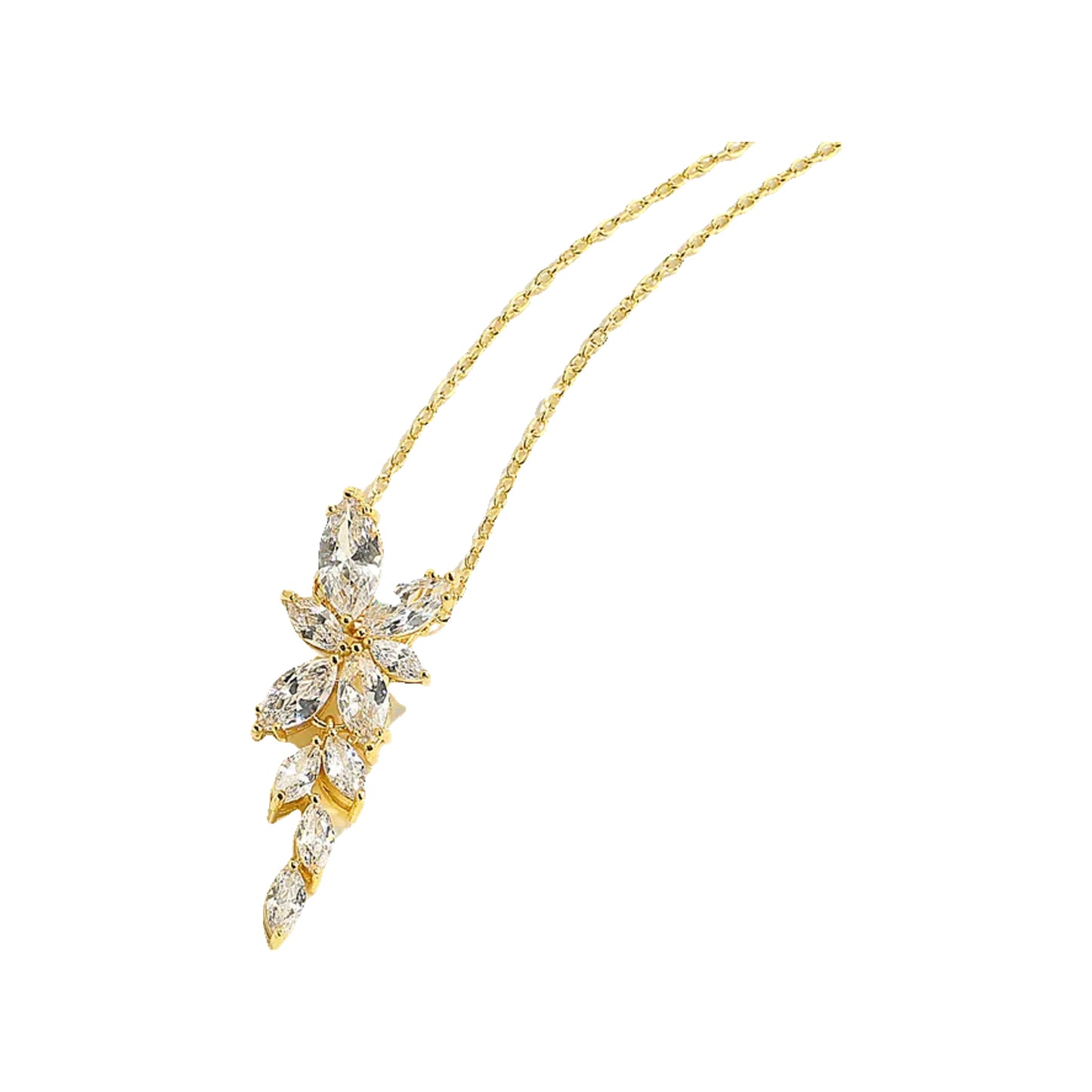 Gold-tone leaf cluster pendant with clear marquise stones on a rope-style chain