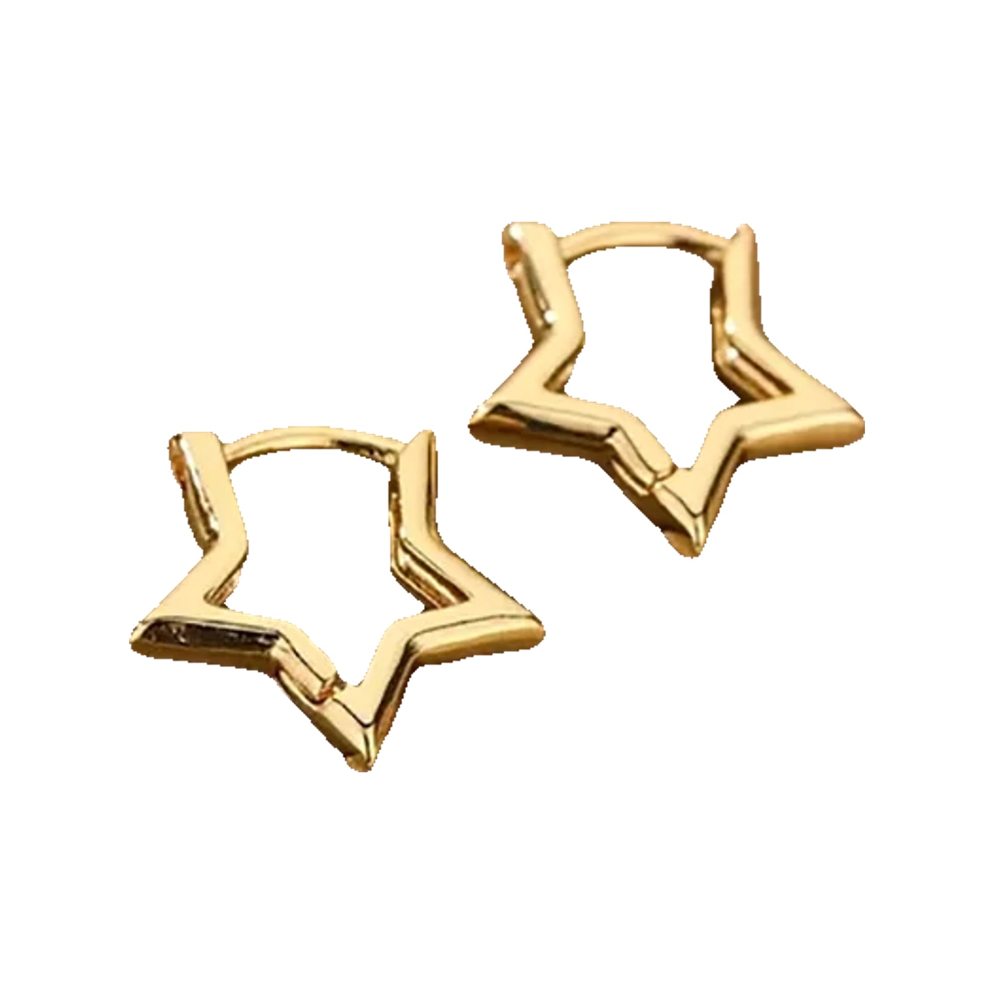 gold-tone star-shaped hoop earrings displayed on a box edge