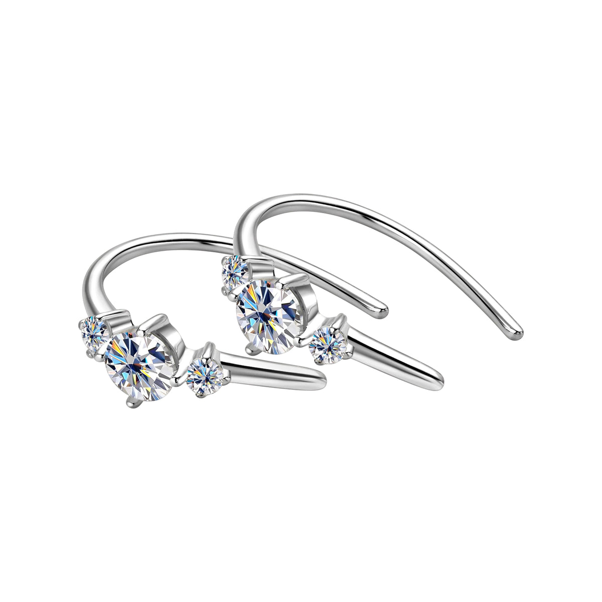 Silver-tone three-stone U-hoop earrings angled flat lay