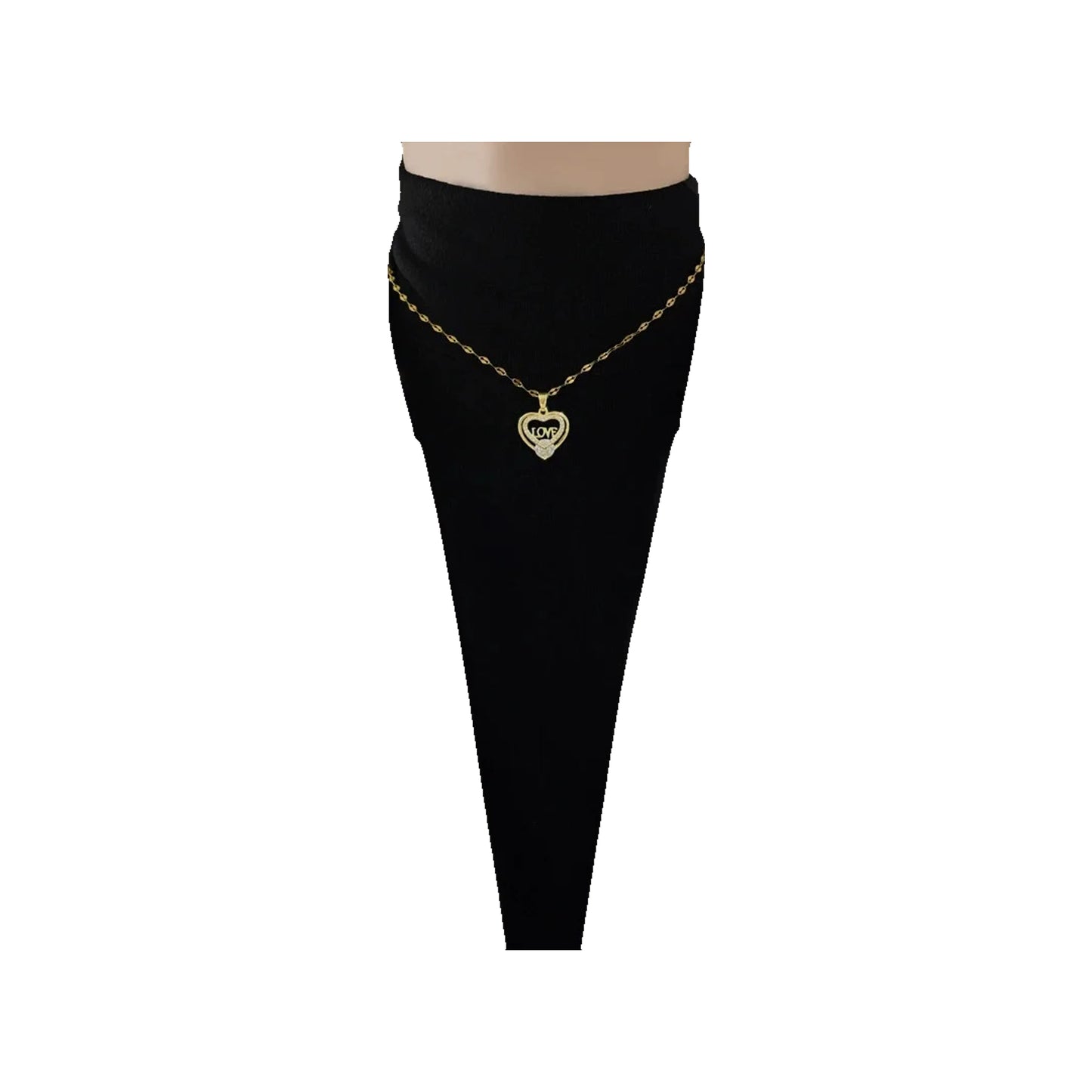 Gold-tone heart pendant necklace worn at the collarbone