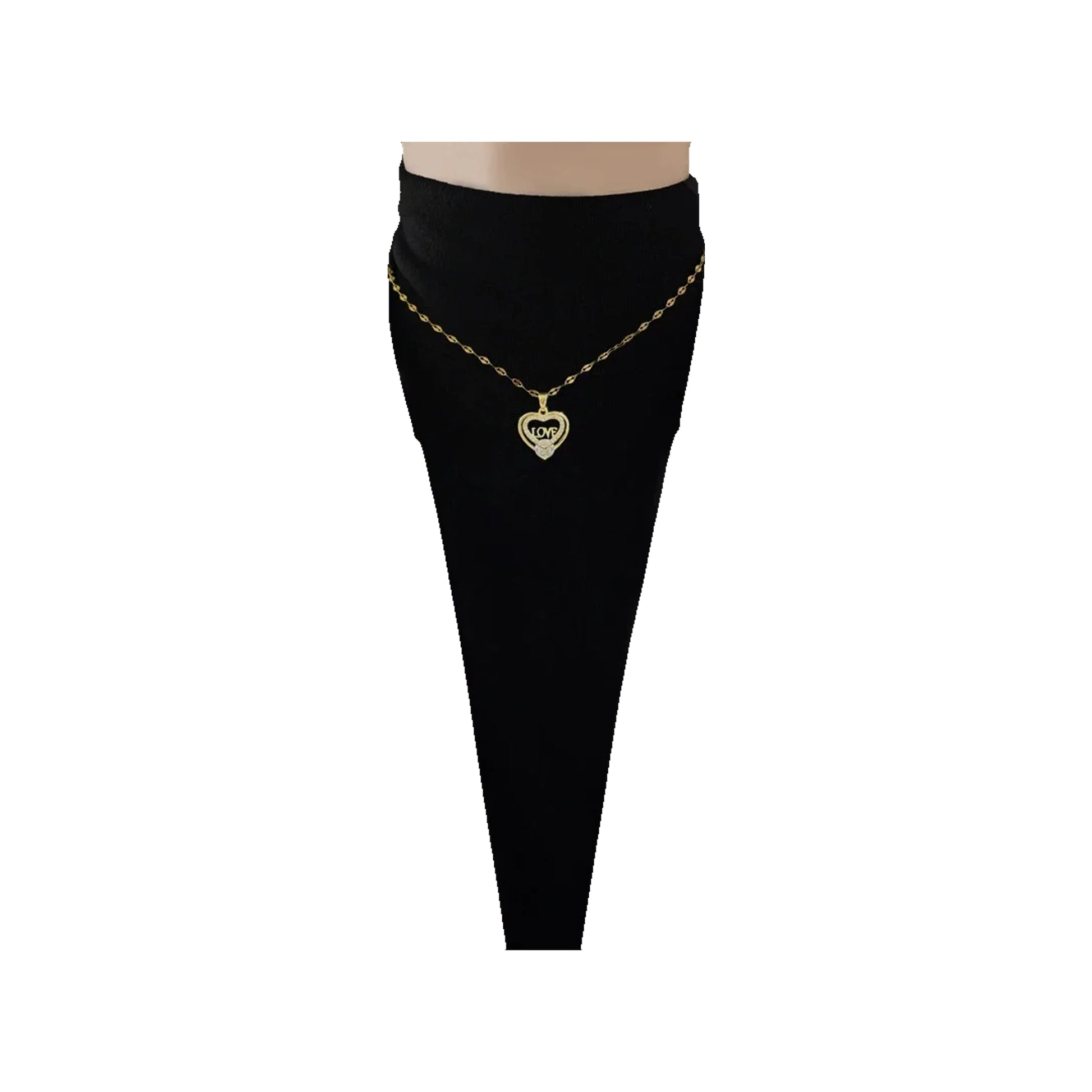 Gold-tone heart pendant necklace worn at the collarbone
