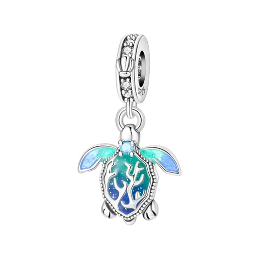 sea turtle dangle bead with blue-green enamel silver-tone bail