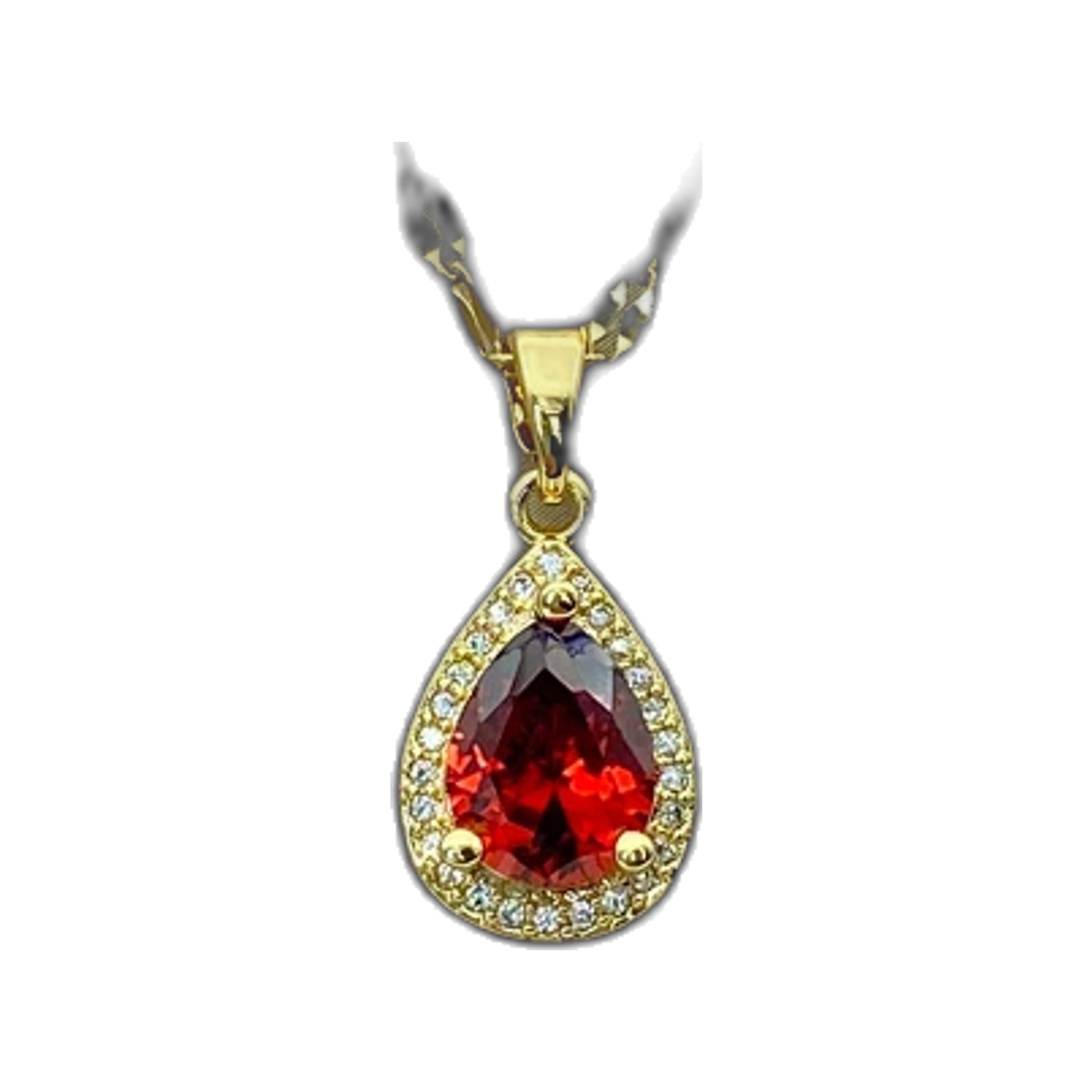 Gold-tone teardrop pendant necklace with red center resting on a cushioned display box