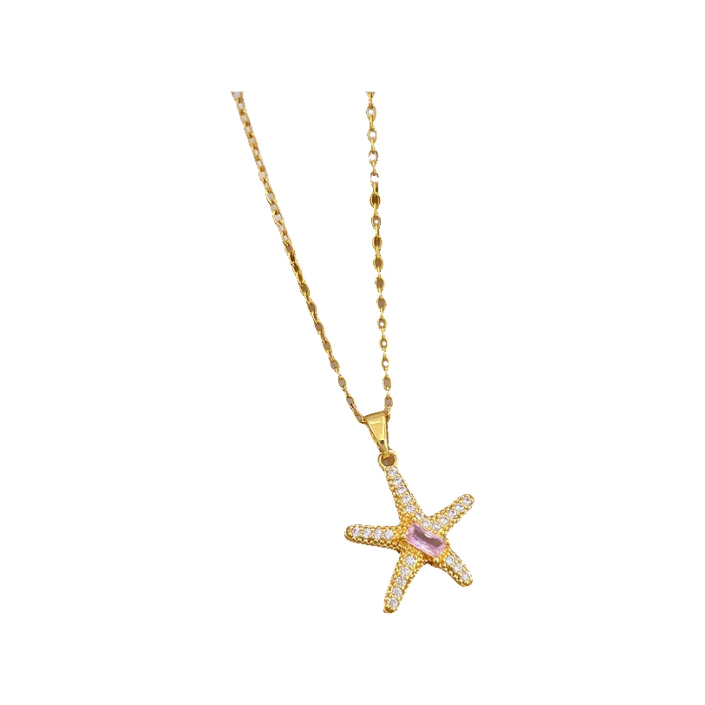 Gold-tone starfish pendant necklace on a cushioned display with white draped fabric accent