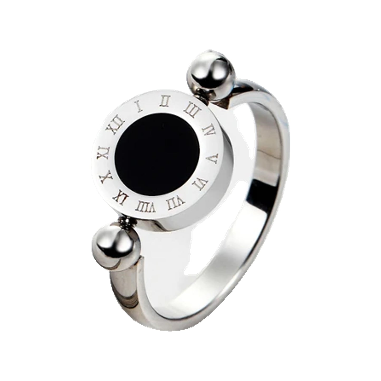 Silver-tone Roman numeral spinner ring with black enamel placed on an open magazine
