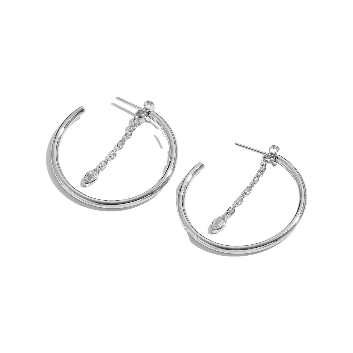 Silver-tone 25 mm hoop earrings with marquise chain dangles on white background