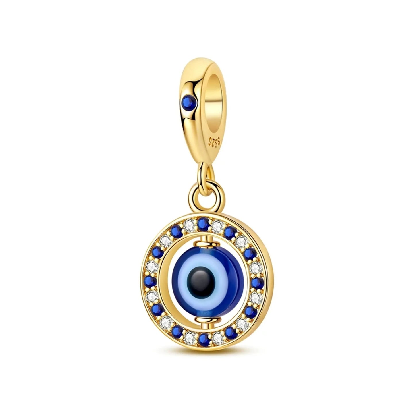 Gold-tone round evil-eye dangle charm with blue center and stone halo