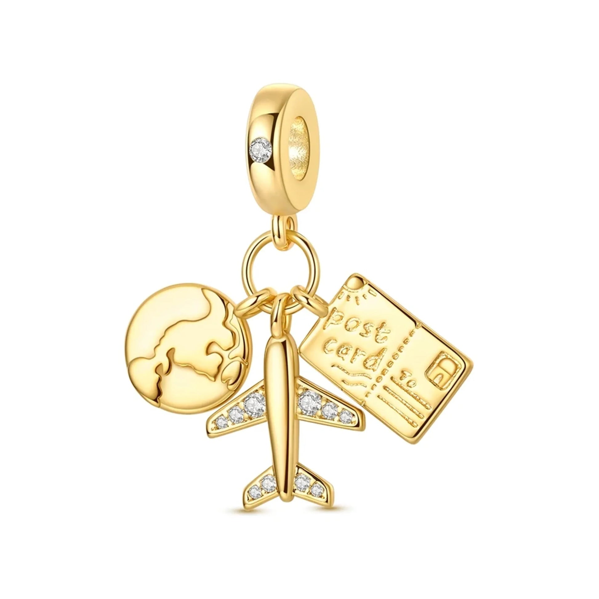 Gold-tone travel dangle charm with globe, crystal-accented airplane and postcard tag