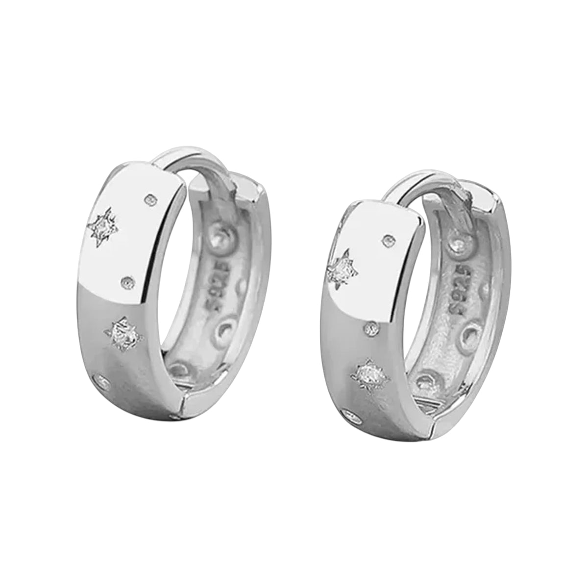 Star-Set huggie hoops in silver-tone front view with star-set stones