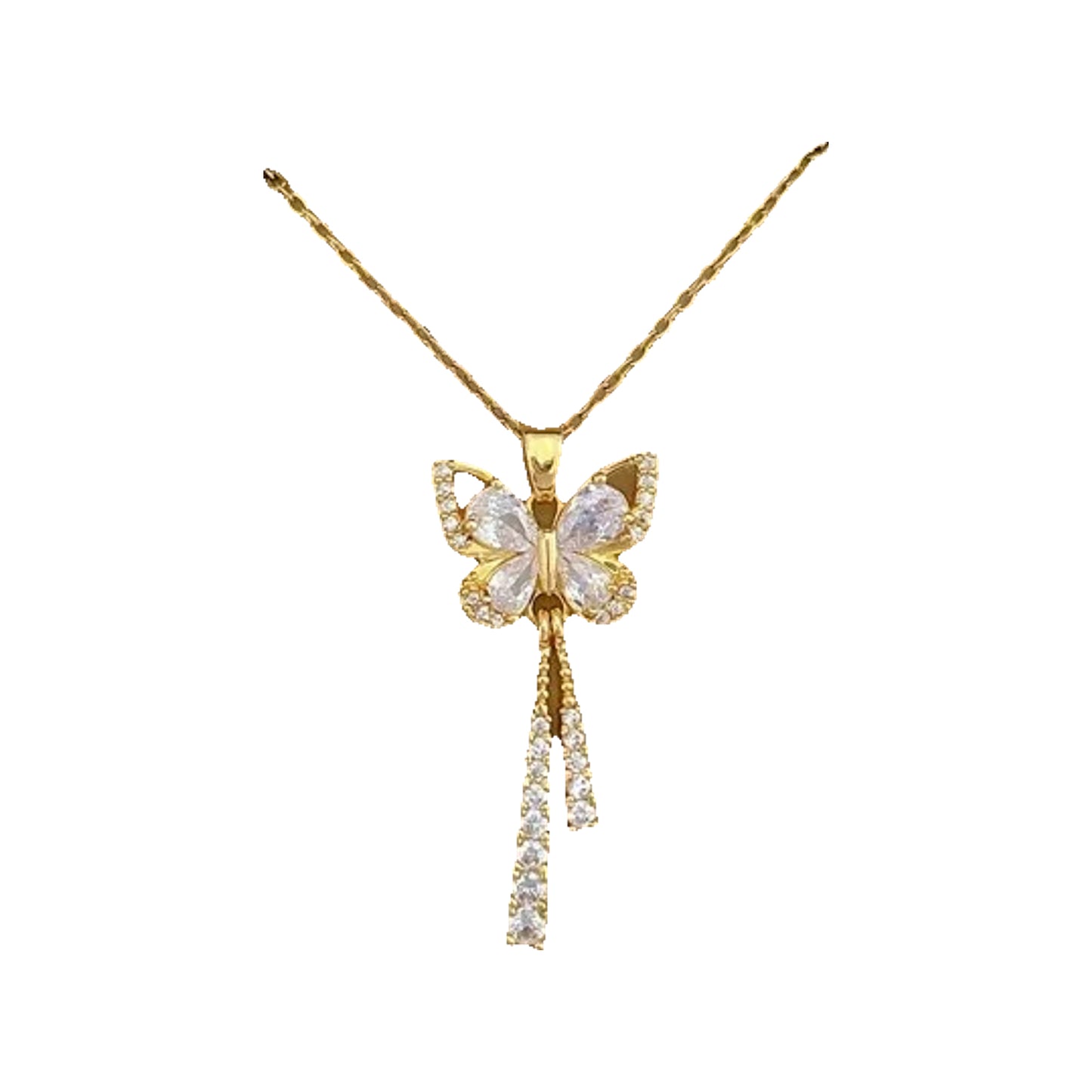 Gold-tone butterfly pendant with dangling crystal accents presented in a box insert