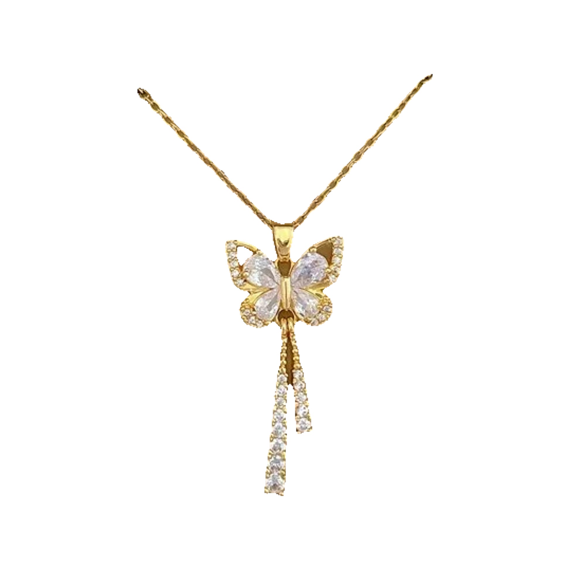 Gold-tone butterfly pendant with dangling crystal accents presented in a box insert