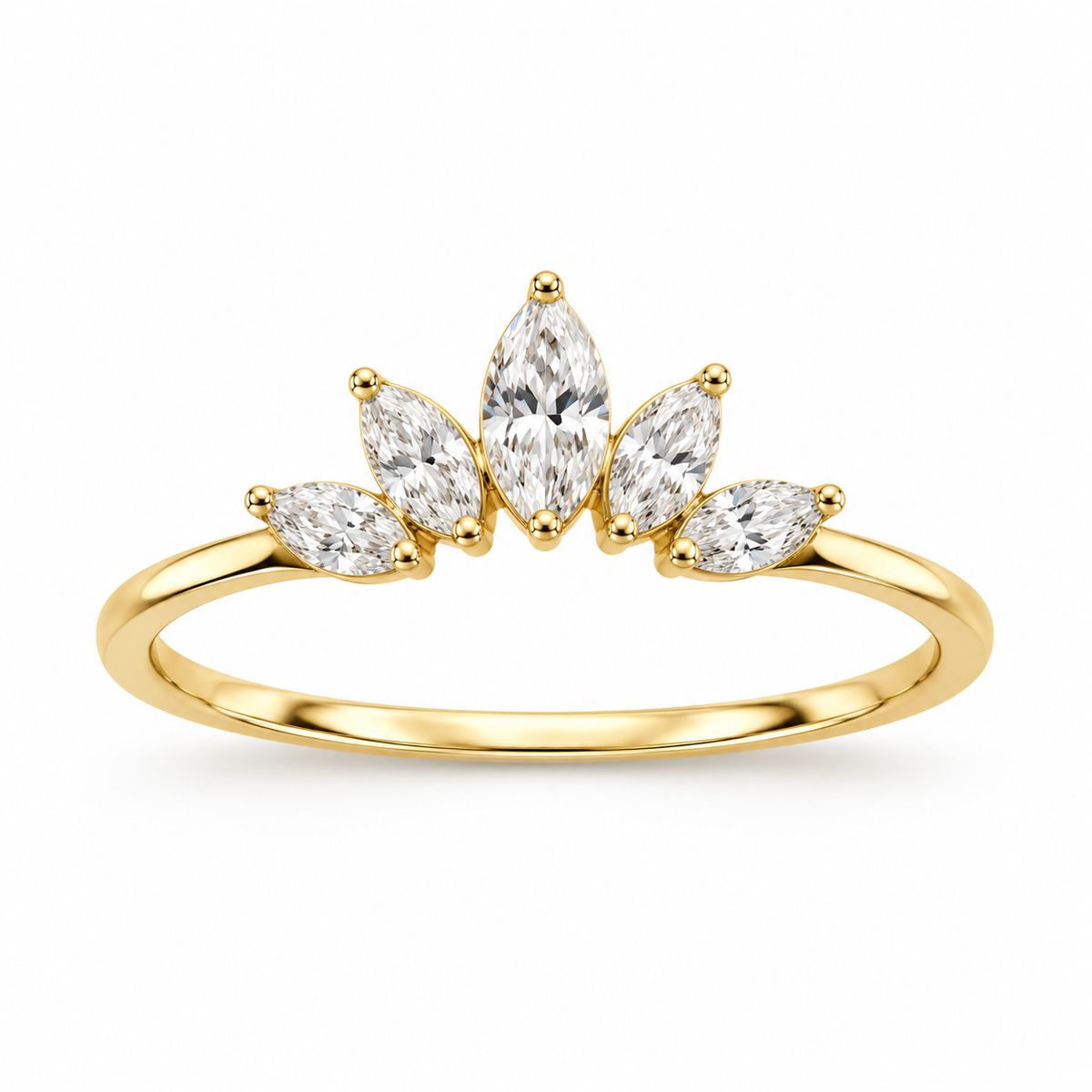 Gold-tone five-stone marquise tiara ring on a white background