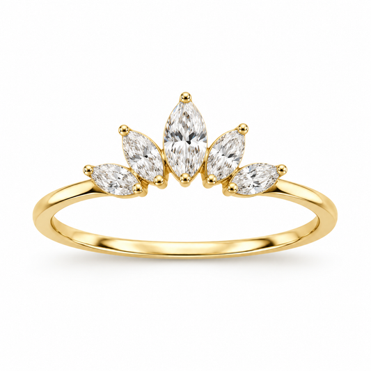 Gold-tone five-stone marquise tiara ring on a white background