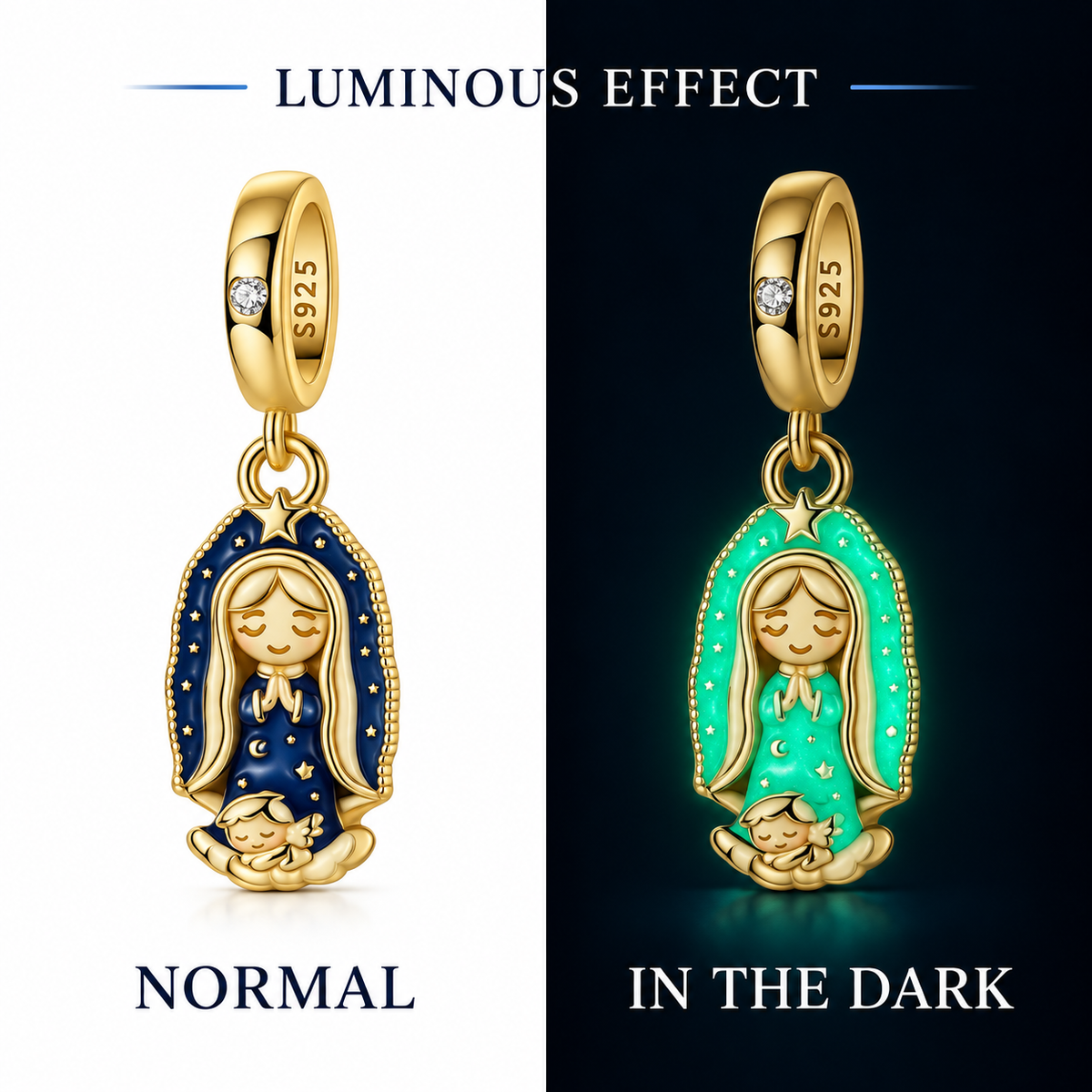 Glow enamel icon charm shown normally and glowing in the dark