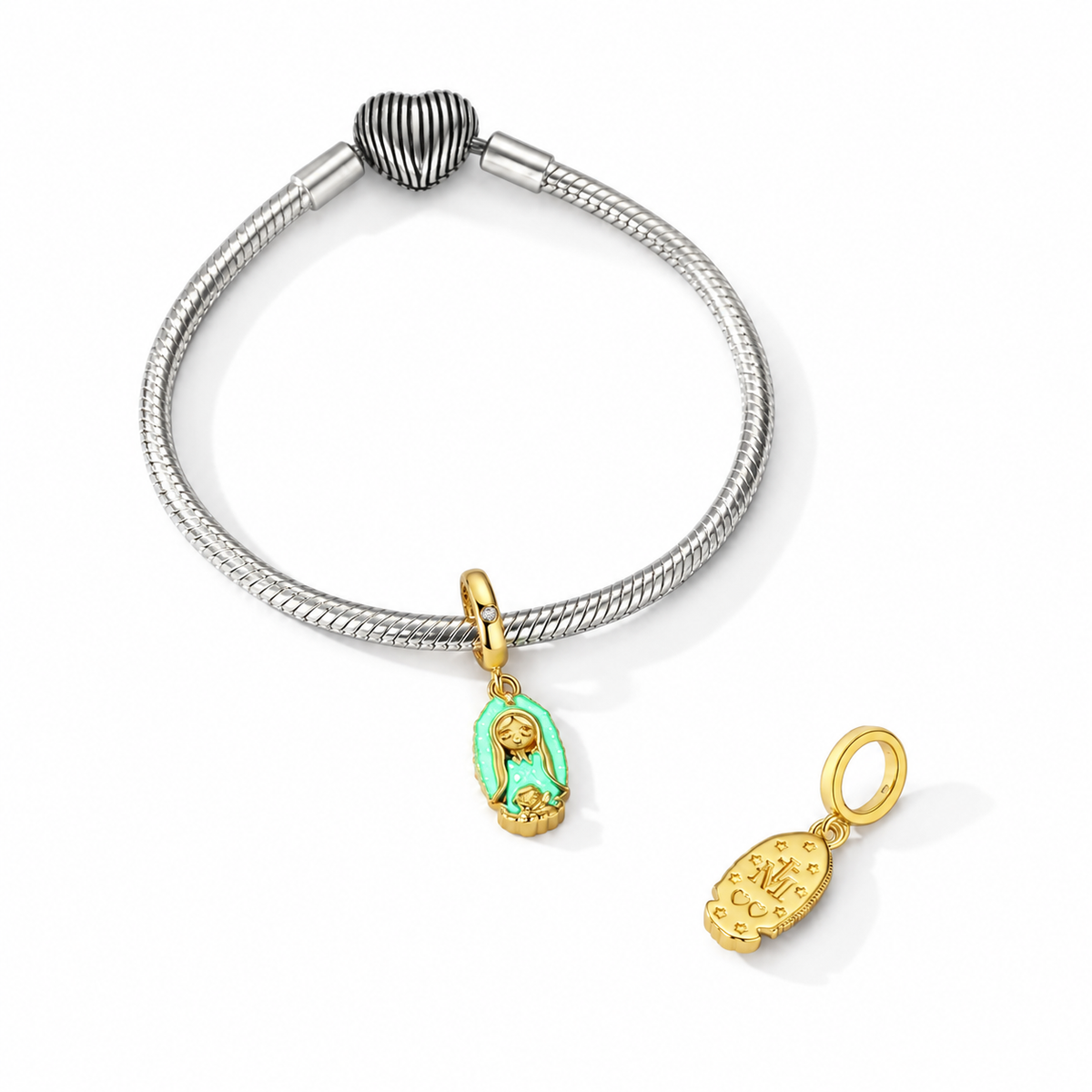 Gold-tone glow enamel icon charm on bracelet with white background