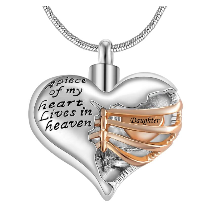 "A piece of my heart lives in heaven" Two tone heart locket cremation memorial pendant & necklace