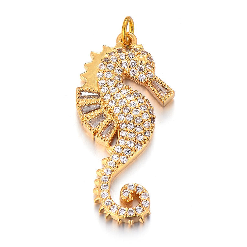 Seahorse Pendant in white, yellow, rose gold & cobalt with clear zircons